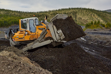 bulldozer is pushing the gold sands. Gold mining in Kolyma