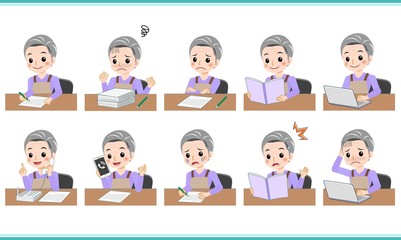 白髪のエプロンを着た女性