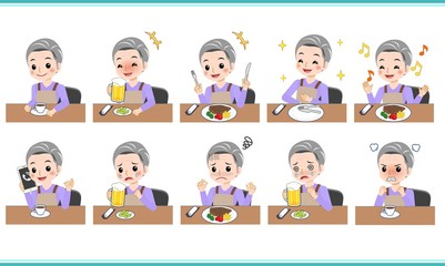 白髪のエプロンを着た女性