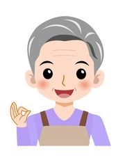 白髪のエプロンを着た女性