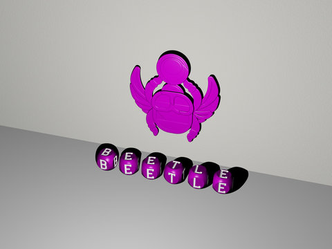 BEETLE 3D icon on the wall and text of cubic alphabets on the floor, 3D illustration for bug and background