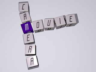 movie camera crossword by cubic dice letters, 3D illustration for cinema and film
