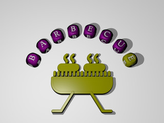 BARBECUE icon surrounded by the text of individual letters, 3D illustration for background and bbq