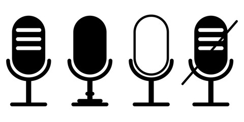 Microphone icons. Microphone on and off buttons. No entry symbol. Microphone black icons set. Vector image. Stock template.