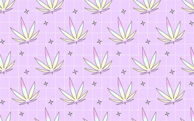 Stylish holographic cannabis leaf and stars seamless pattern with grid background vector art.