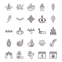 diwali line style icons group vector design
