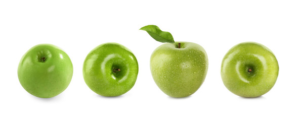 Set of ripe green apples isolated on white. Banner design