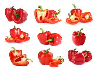 Set of red bell peppers on white background