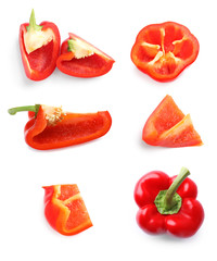 Naklejka premium Set of red bell peppers on white background, top view