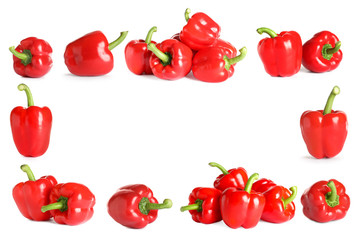 Frame of red bell peppers on white background