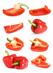 Set of red bell peppers on white background