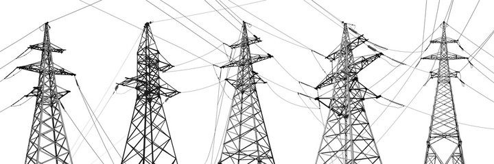 Collage with high voltage towers isolated on white. Electric power transmission