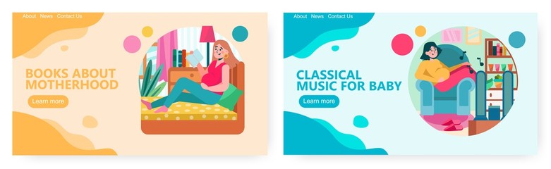 Pregnant woman reading book about motherhood. Pregnant girl listening classical music for unborn baby. Pregnancy concept illustration. Vector web site design template