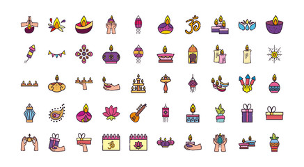 diwali line and fill style 50 icon set vector design