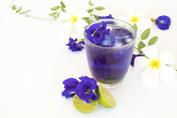 Obraz na płótnie Canvas herbal healthy drinks mix lemon and flower butterfly pea purple cold cocktail water local flora of asia arrangement flat lay style on background white 