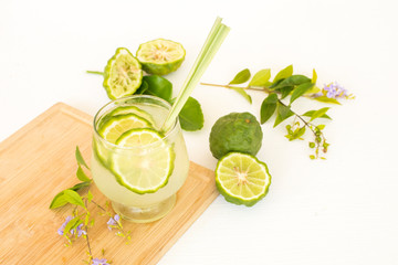herbal healthy drinks iced kaffir lime cocktail water with bergamot slice local flora of asia...