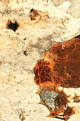 Abstract view of chipped lead paint on badly rusted metal surface; blue, orange, and red colors featured