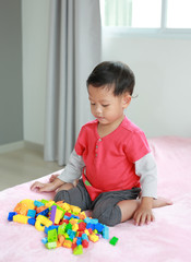 Adorable asian little baby boy playing colorful plastic blocks with sitting in which is called...