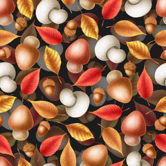 Seamless watercolor pattern with hand drawn autumn leaves, mushrooms and acorns isolated on black background. Botanical illustration for print, card, invitation, wallpaper, fabric, home decor