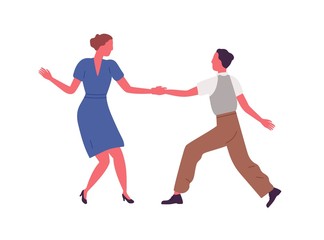 Couple performing Lindy hop or Swing dance elements holding hands vector flat illustration. Man and woman enjoying hobby or choreography activity together isolated. People dancing at party or school