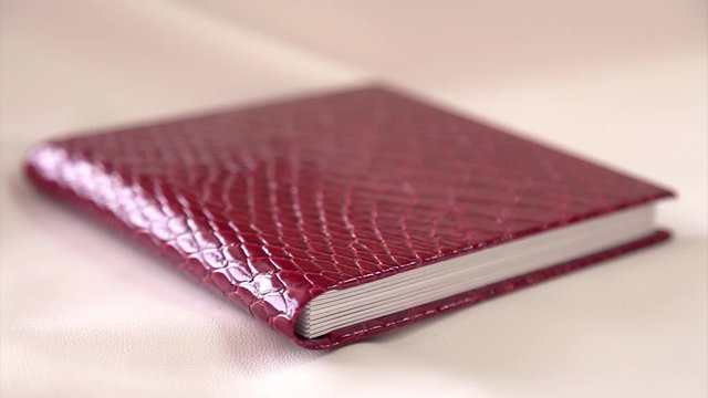 Diary book close-up on a white background. red cover made of crocodile skin. the best gift - a photo album