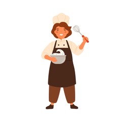 Happy girl confectioner holding bowl with whipped cream and corolla vector flat illustration. Smiling little chef in cooking apron and toque preparing dessert isolated on white. Cute kid in uniform