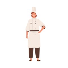 Smiling female chef in toque and uniform vector flat illustration. Happy woman professional cooker standing isolated on white. Adorable kitchen worker having positive emotion