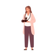 Smiling woman professional photographer holding camera vector flat illustration. Cheerful female standing with photographing equipment isolated on white. Friendly girl enjoying creative hobby