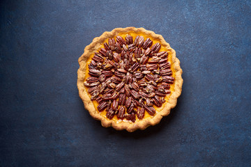 Overhead image of pecan pumpkin pie