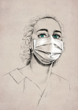 Drawing of young female medic with blue eyes wearing uniform and surgical mask
