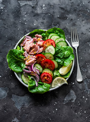 Healthy balanced diet food - canned tuna, tomatoes, cucumbers, romaine salad, red onion, olive oil salad dressing appetizer, lunch, tapas delicious salad on a dark background, top view