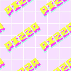 Pizza text in pixelated font seamless pattern with grid background, retro vector art.