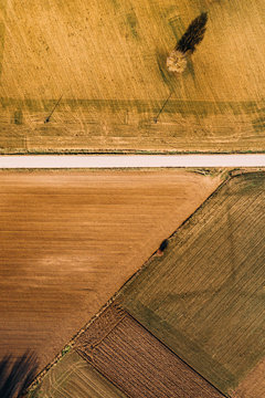 From above aerial view of straight road going through agricultural field in rural area in summer day