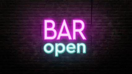 bar neon sign emblem in neon style on brick wall background