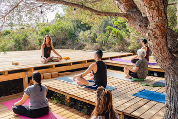 Back view of unrecognizable people performing Padmasana yoga pose on wooden platform during outdoor training with female instructor in garden