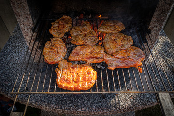some marinated steaks on a charcoal grill on a barbecue