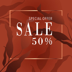 Autumn sale banner design with discount label in orange tone color and leaf for autumn and fall shopping promotion and advertisement. Vector illustration.