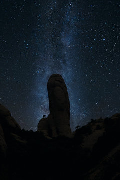 Mountain silhouette at night against the Milky Way in the starry sky