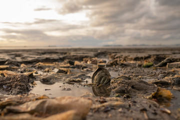 garbage on the beach, dirty sea
