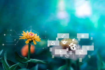Sustainable energy with technology icon on blurred gentle artistic nature background, Environmental...