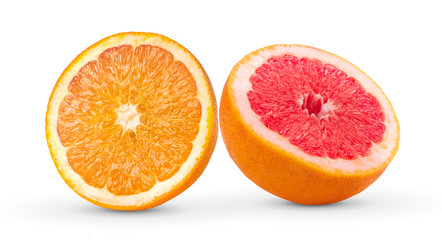 half grapefruit and orange on white background