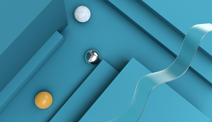 Abstract geometry 3d rendering illustration. Minimalistic banner in blue color palette. Metaphor of movement, dynamic, achieving goals. Useful for banner, web, business presentation, background.
