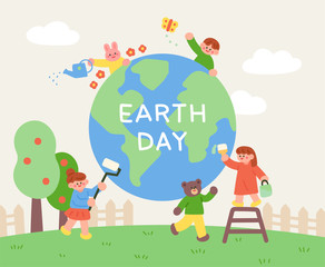 Obraz premium Cute children are painting the earth cleanly with their animal friends.