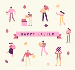 Happy Easter. Many people are carrying eggs and gifts.