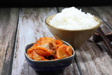Kimchi, Traditional mixed and pickled fresh cutting vegetable in Korea style. Famous side dish menu in Korean restaurant. Sour tasty concept. 
