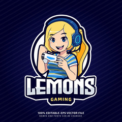 Cute yellow gamer girl character mascot logo © tkzgraphic