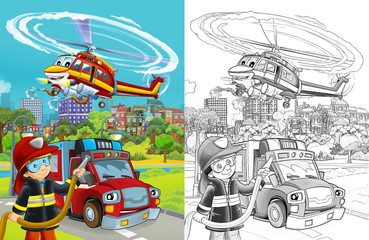 cartoon sketch scene with fire brigade car vehicle on the road