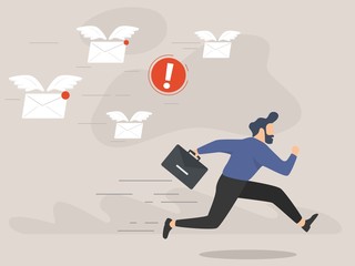 A frightened businessman is running away from a plenty emails chasing him. Modern character design. Vector illustration.