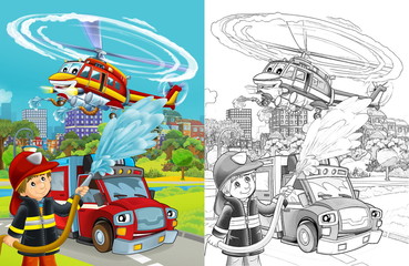 cartoon sketch scene with fire brigade car vehicle on the road
