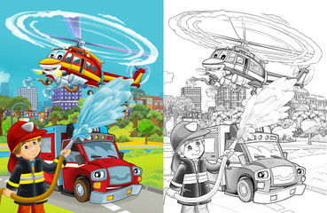cartoon sketch scene with fire brigade car vehicle on the road